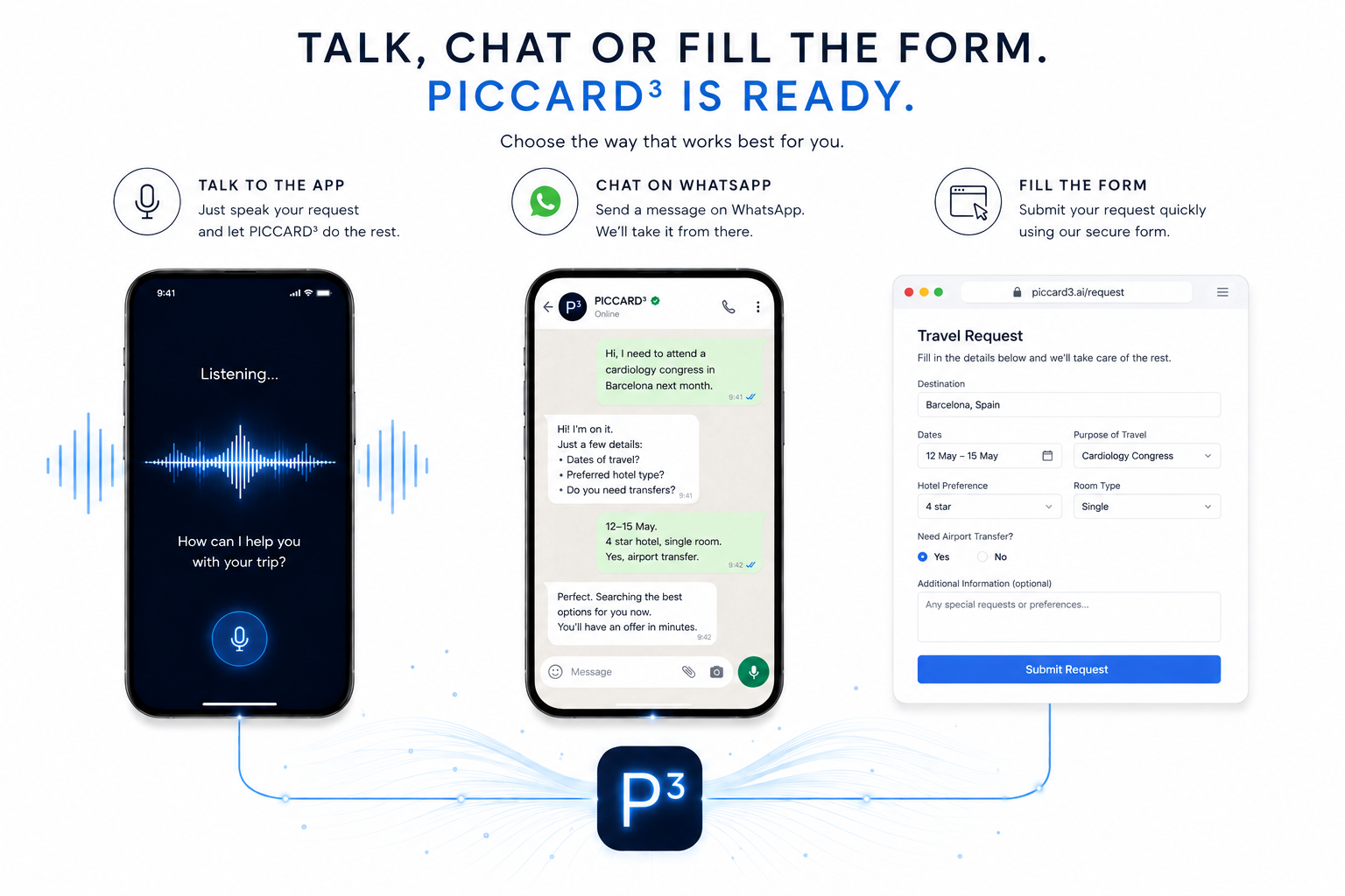 Requesting a trip by voice, WhatsApp message, or web form
